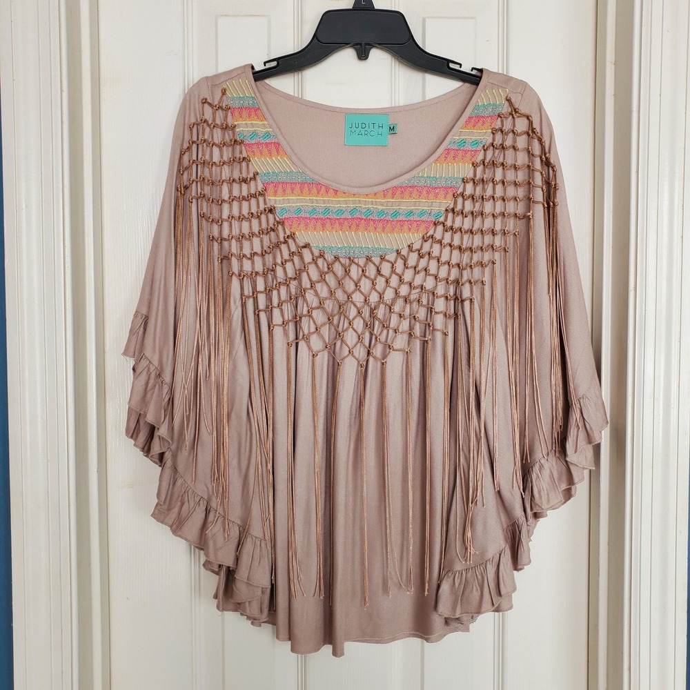 Judith March Embellished Fringe Western Poncho Tunic Top Women M Beige Viscose
